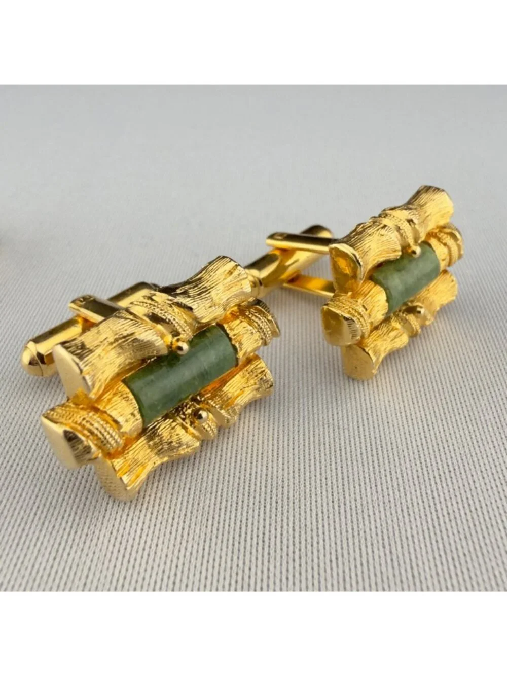 Vintage Gold Tone Green Jade Bamboo Cuff Links Tie Clip Set Wedding Mid Century